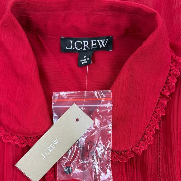 J Crew Women's Sheer Lace Trim Button Up Shirt Size 0 Red Short Sleeve - Picture 3 of 16